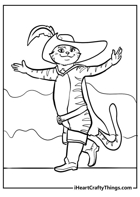 Coloring picture of a Puss in Boots looking pretty pleased with himself while walking with widely spread arms