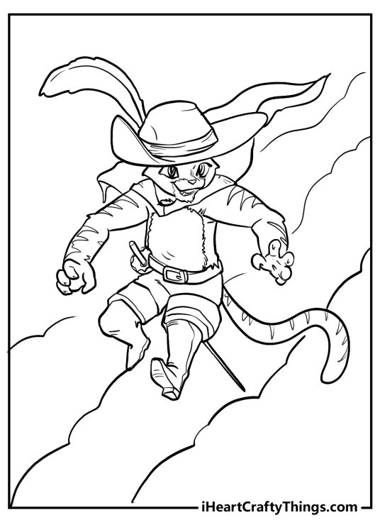 Printable coloring picture for pre-schoolers capturing Puss in Boots on the move