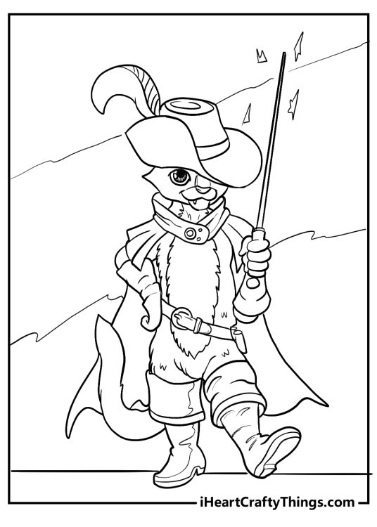 Free printable depicting Puss in Boots wearing his signature hat with a long feather and holding his sword