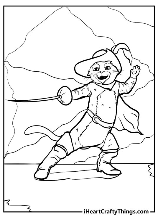Detailed coloring printable featuring Puss in Boots going for a dramatic swing of his sword