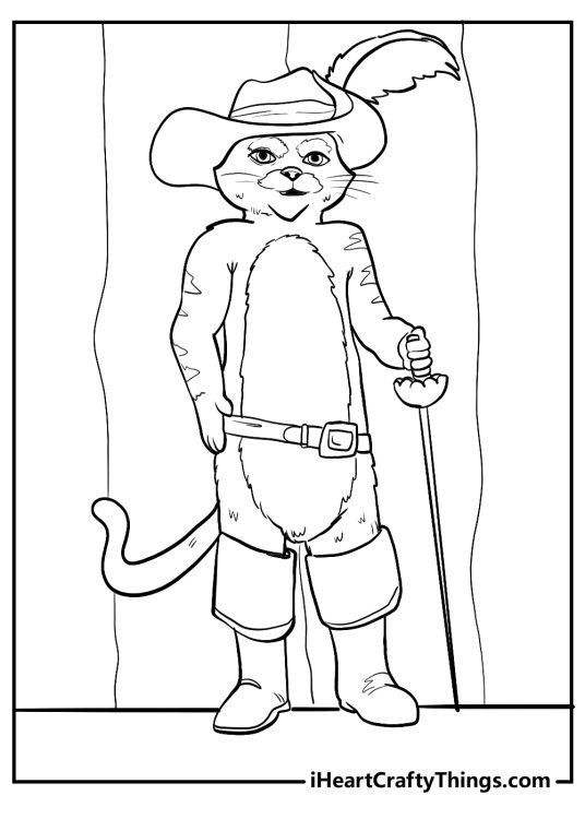 Detailed coloring drawing for kids featuring Puss in Boots posing with his sword