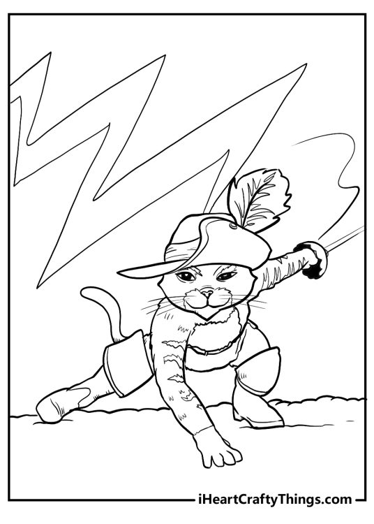 Black-and-white image for children depicting Puss in Boots landing on his feet in a cool pose