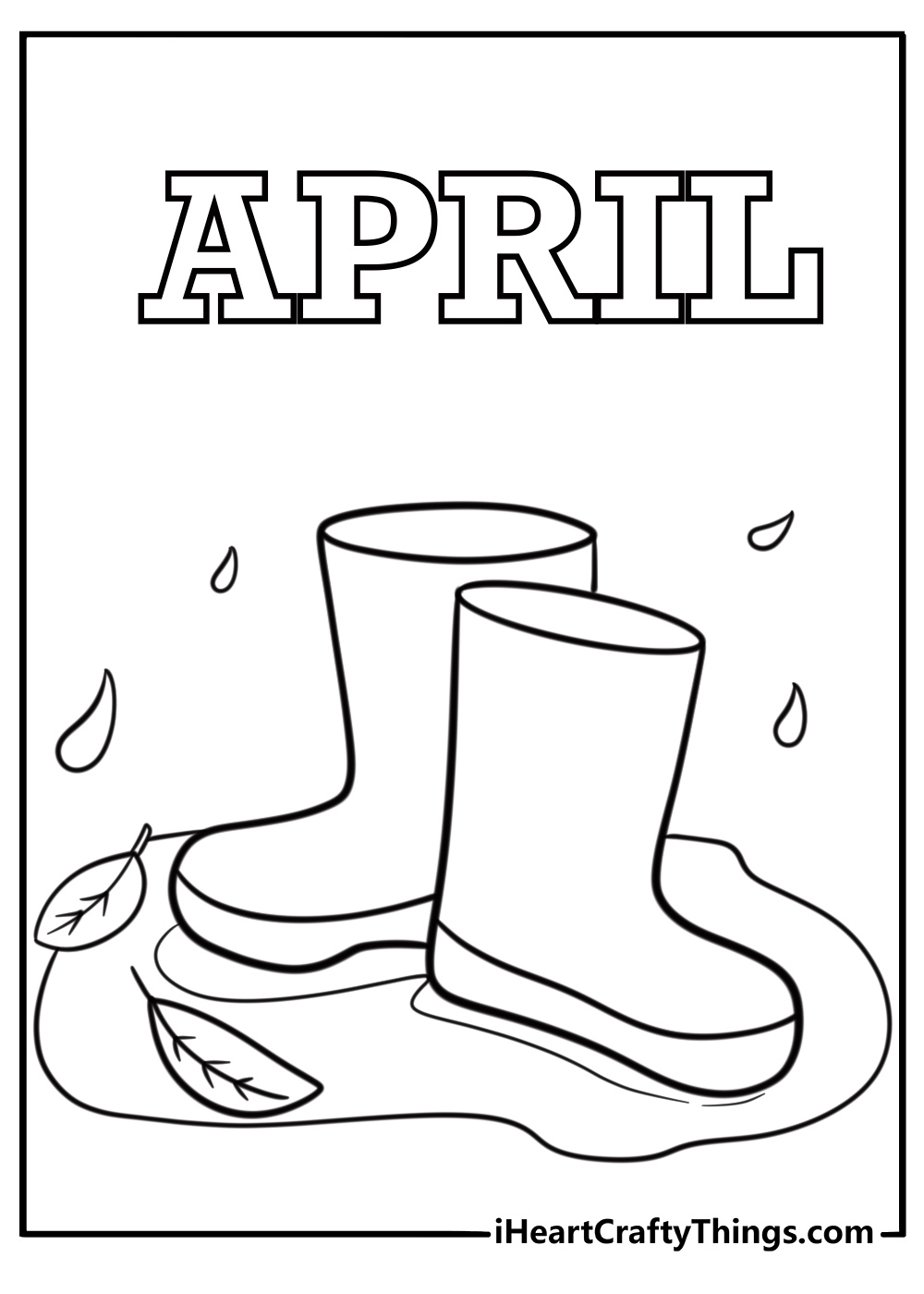 Rain boots in a puddle April coloring sheet for kids