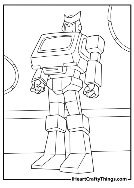 ratchet working on a fellow autobot in a busy workshop a kid friendly coloring page
