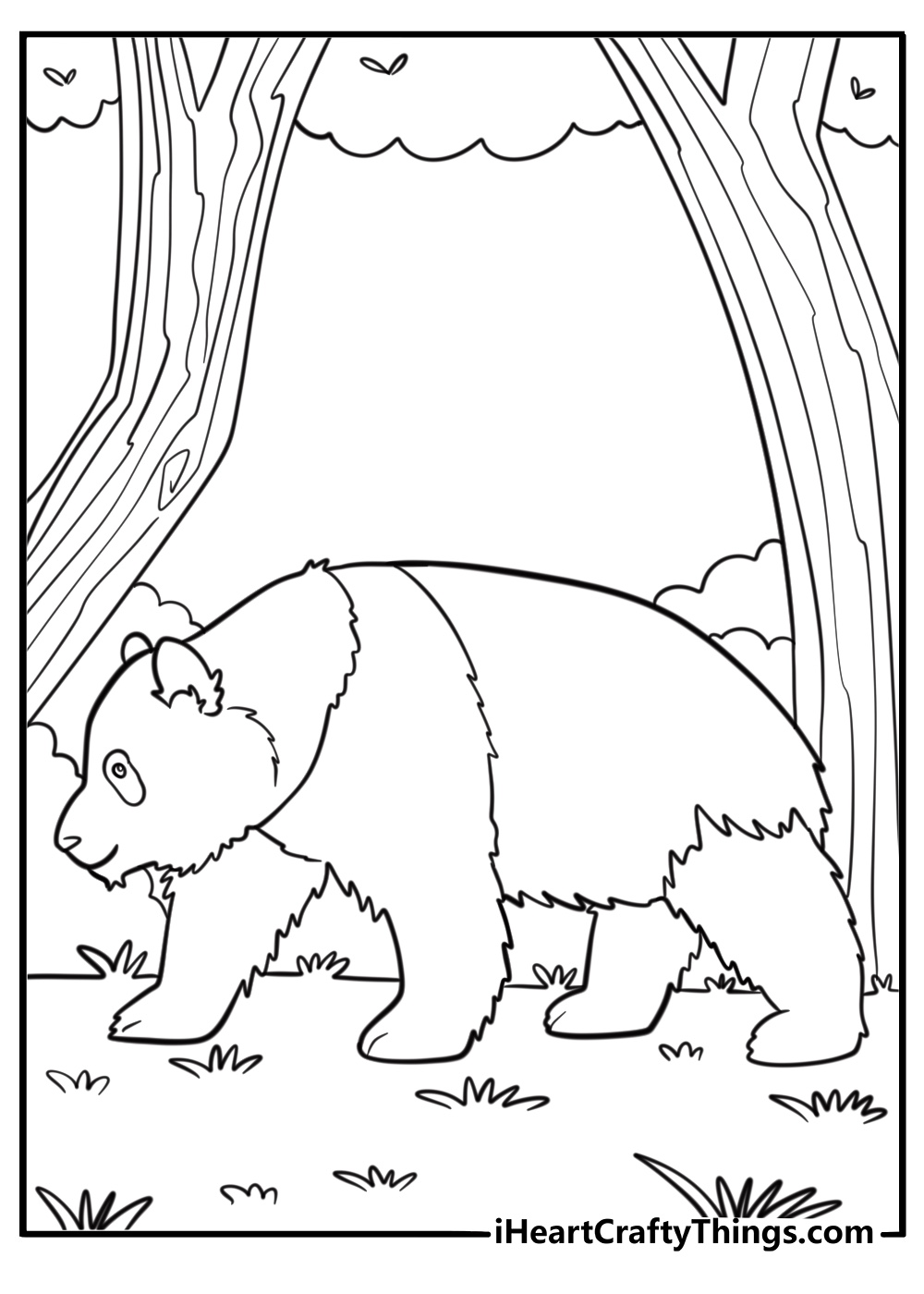 Realistic giant panda walking in the forest printable coloring sheet