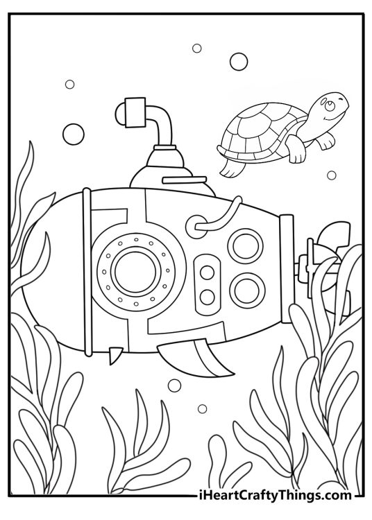 research submarine exploring a kelp forest with sea turtles