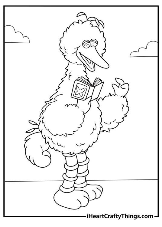 sesame street coloring page featuring big bird standing with a book