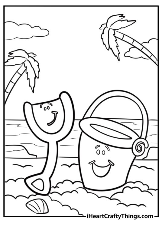 Shovel and pail playing in the sand fun coloring sheet