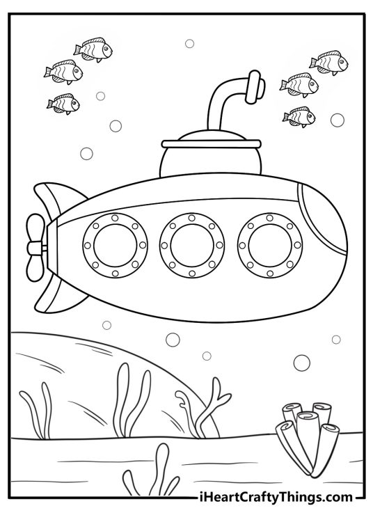 simple submarine exploring a coral reef with small tropical fish