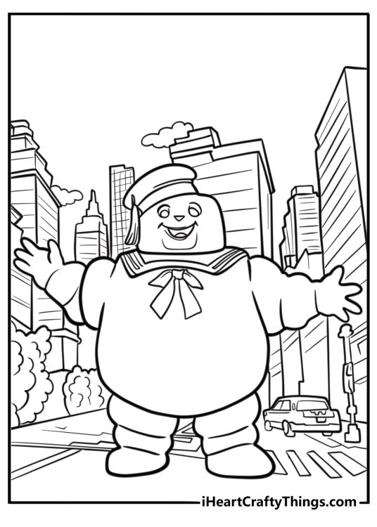 Stay puft marshmallow man in the city coloring page