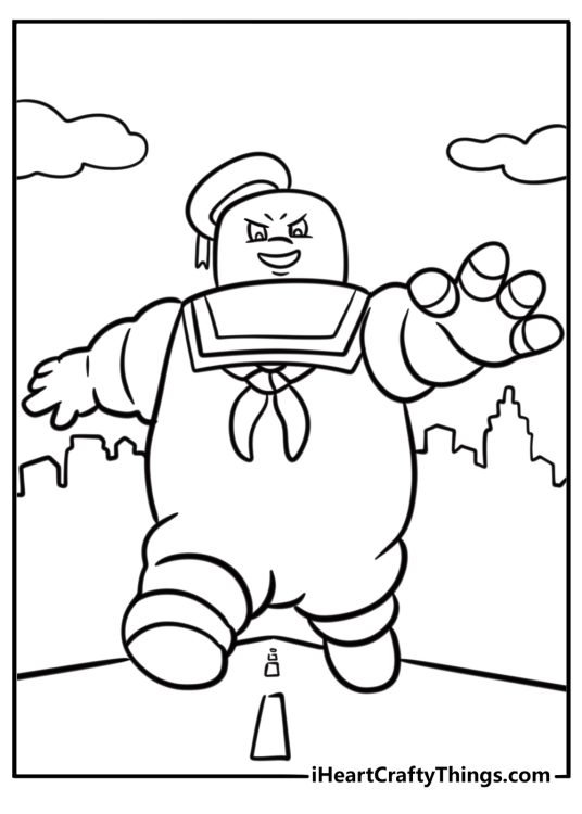 Stay puft marshmallow man stomping through the streets free coloring page