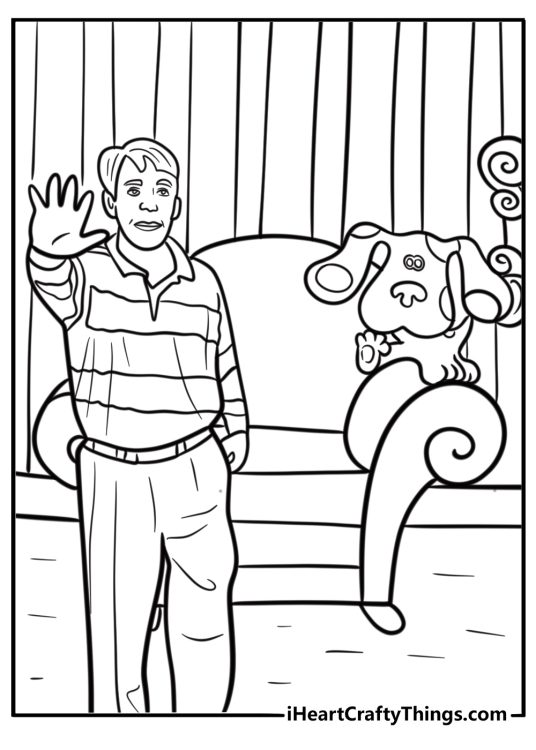 Steve and blue waving hello free coloring page pdf