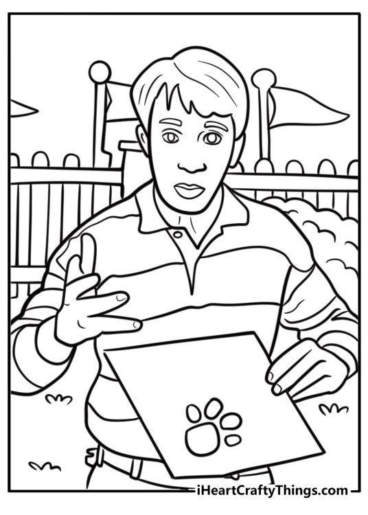 Steve holding blues paw detailed coloring sheet