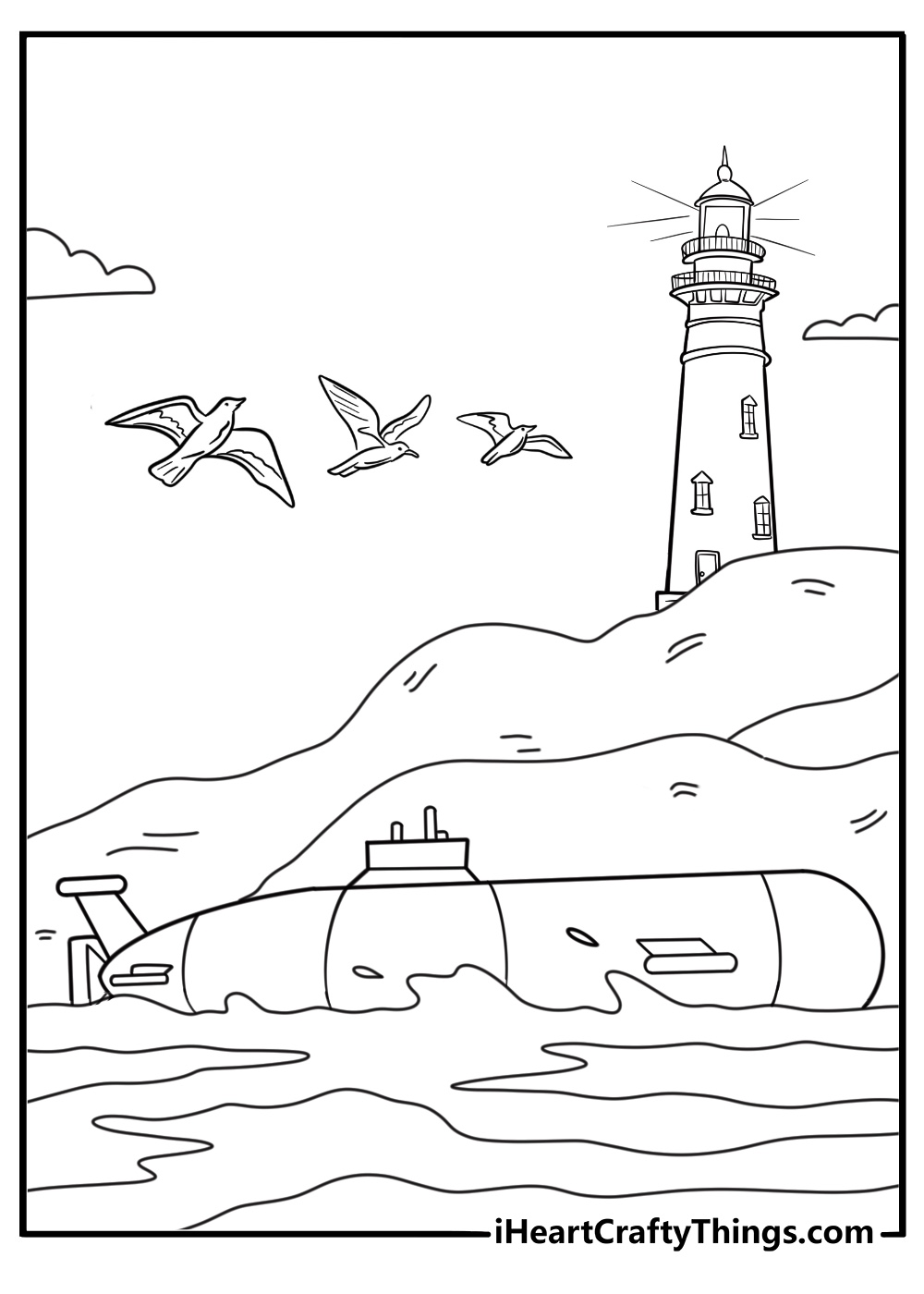 submarine at the ocean surface near a lighthouse with flying seagulls