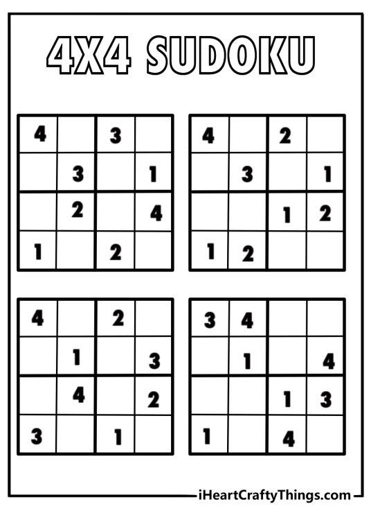 sudoku style coloring page 4 by 4 number grid fill and color correct cells math printable for kids