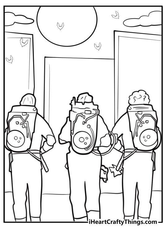 The ghostbusters team with their proton packs detailed coloring sheet