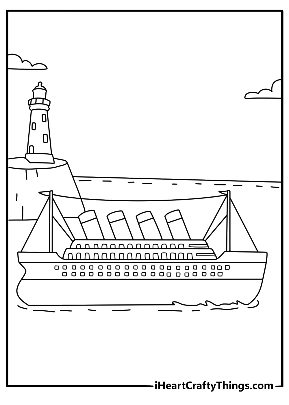 the titanic sails past a lighthouse on its ocean voyage in this coloring sheet