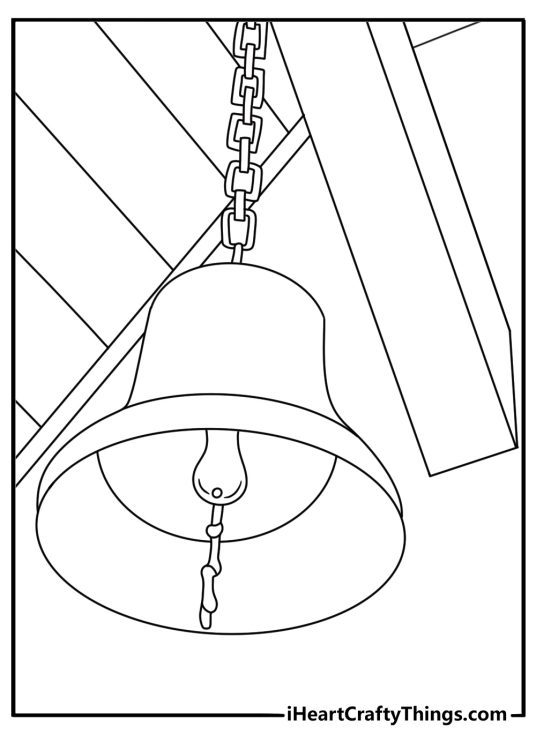 the titanic ship bell hangs above a wooden deck in this simple coloring sheet