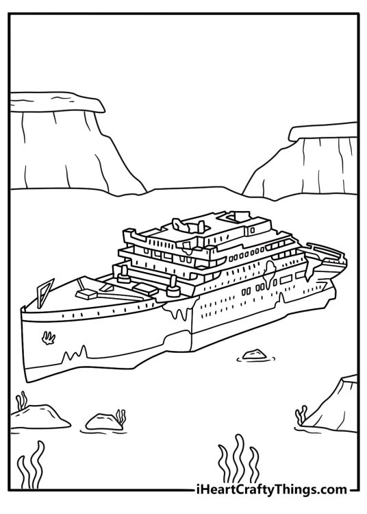 the titanic wreck rests on the ocean floor in this detailed underwater coloring sheet