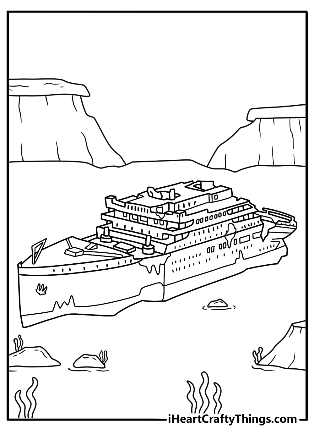the titanic wreck rests on the ocean floor in this detailed underwater coloring sheet