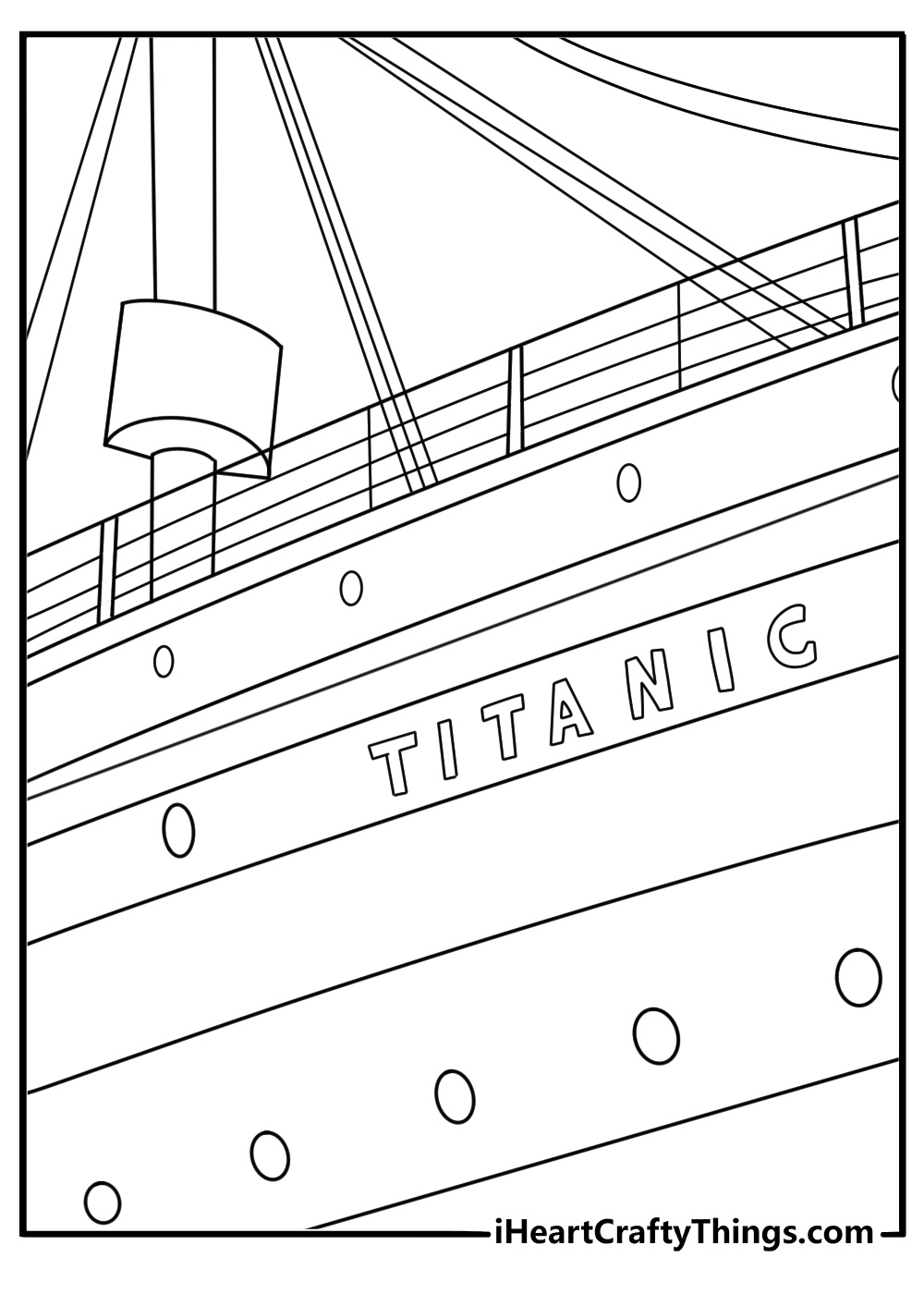 titanic coloring page for kids showing the ship with its name written on the bow