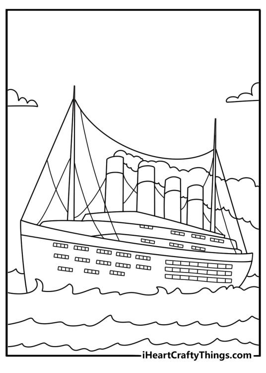 titanic coloring page showing the famous ocean liner with its four tall funnels