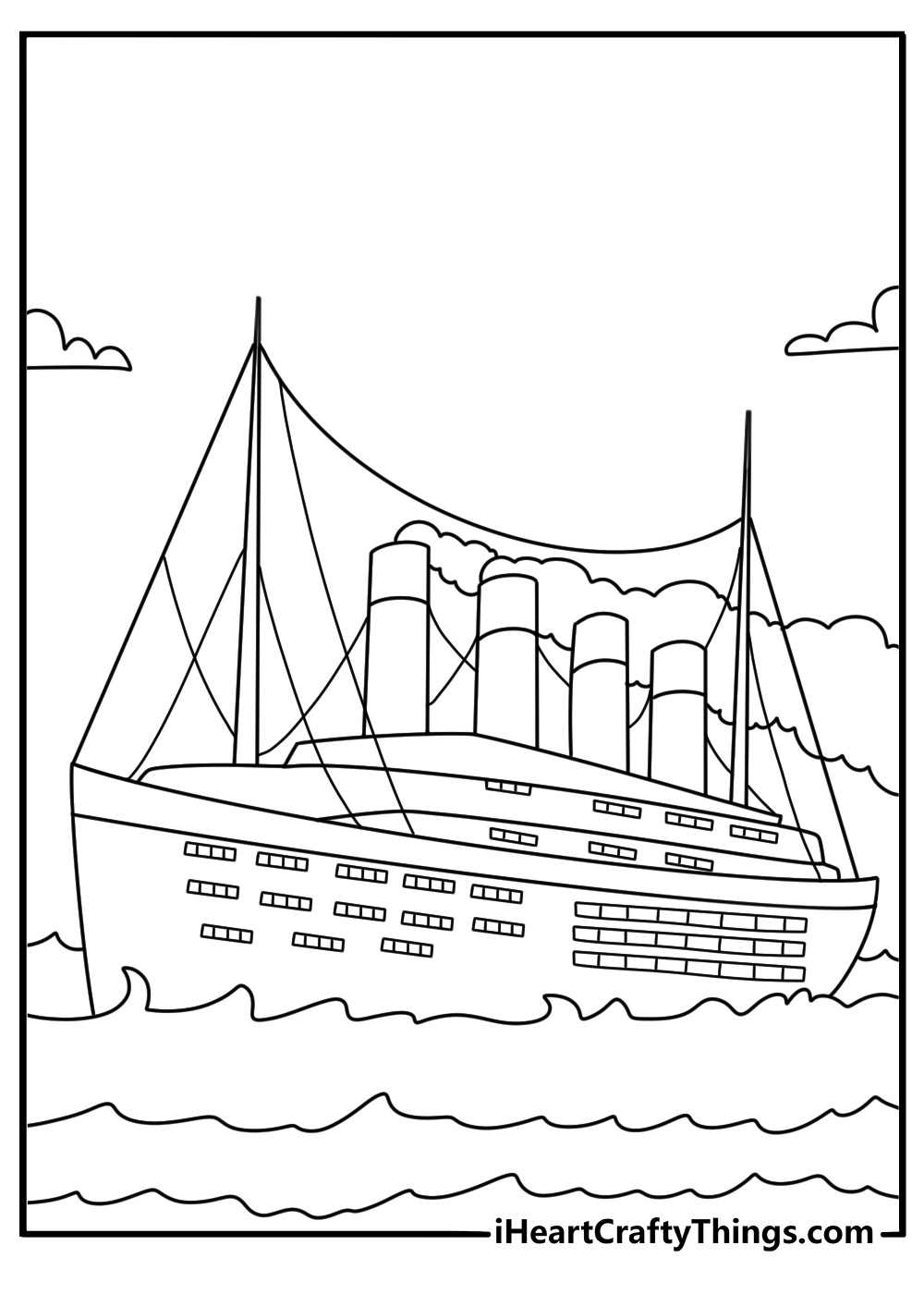 titanic coloring page showing the famous ocean liner with its four tall funnels