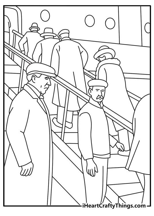 titanic passengers board the ship using a long gangway in this historical printable