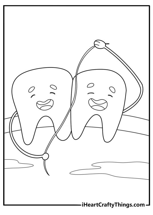 tooth character flossing between teeth simple coloring page