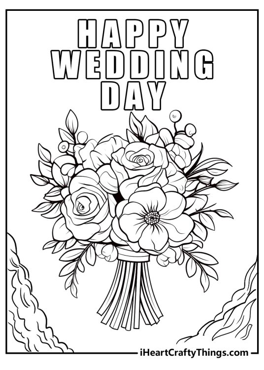 Wedding-themed card featuring a HAPPY WEDDING DAY message and a beautiful bouquet below it
