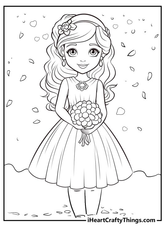 Wedding-inspired coloring page of a long-haired bridesmaid wearing elegant dress surrounded by flower petals