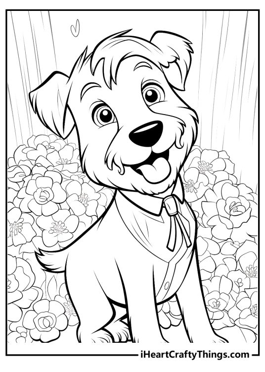 Wedding-themed image featuring a cute puppy dressed up in a little suit with flowers in the background