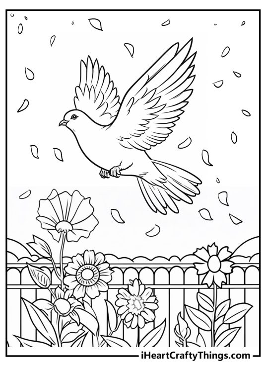 Detailed wedding-themed image featuring ceremonial dove flying above the flowers with petals all around him