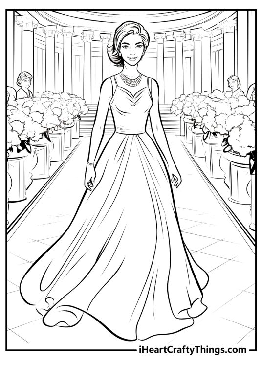 Wedding-inspired coloring picture featuring an elegant lady posing down the wedding venue aisle
