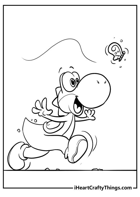 Free coloring image for children depicting Yoshi joyfully chasing after a butterfly
