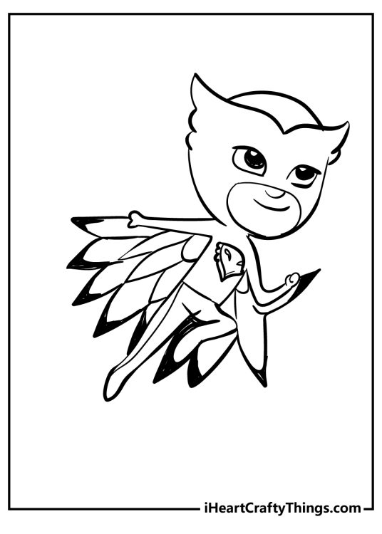PJ Masks-themed coloring sheet capturing character Owlette soaring through the skies
