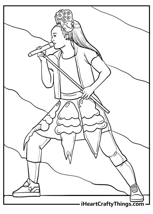 Coloring page to print featuring Jojo Siwa performing on a stage wearing an outfit with an ice cream theme
