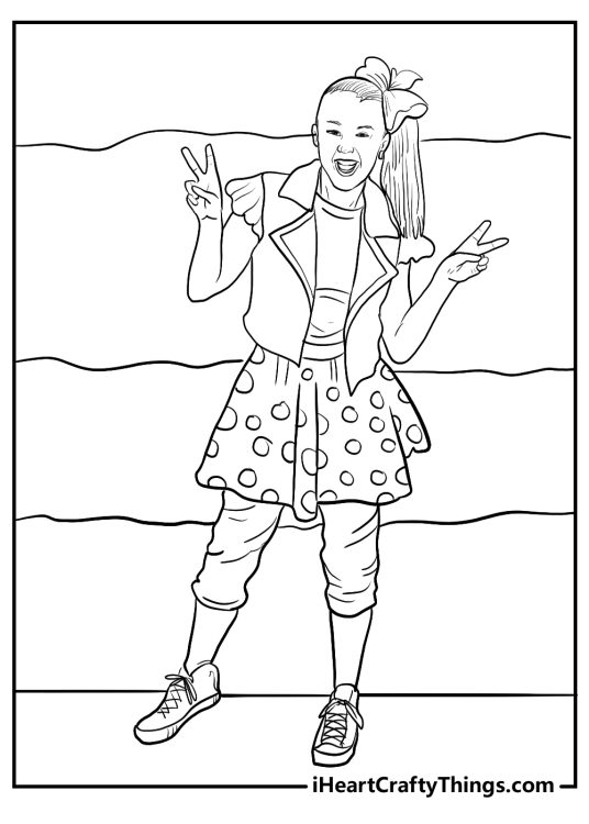 Printable page of a Jojo Siwa in a polka dots skirt striking a pose and showing double peace sign
