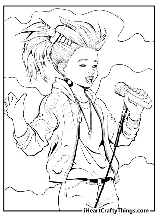 Music-themed coloring page featuring a stylized version of a Jojo Siwa singing into microphone