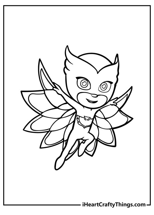 Coloring sheet featuring Owlette from PJ Masks wearing a costume designed after an owl