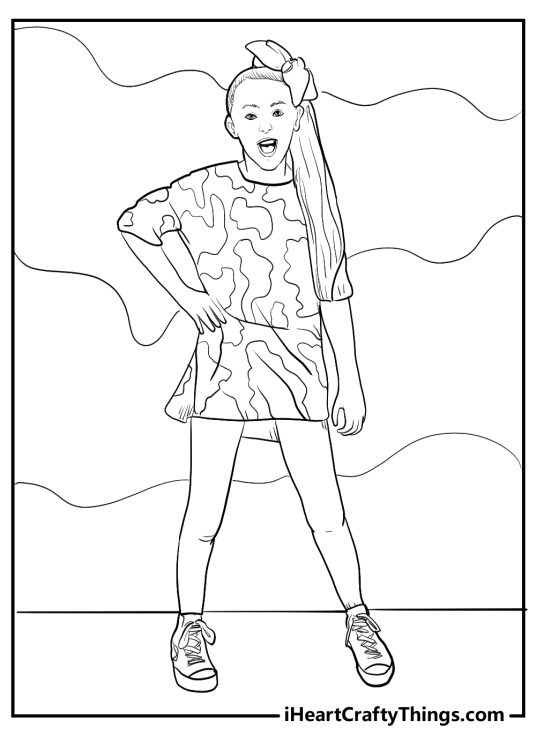 Free printable of a Jojo Siwa wearing t-shirt dress and posing with right hand on her hip while singing