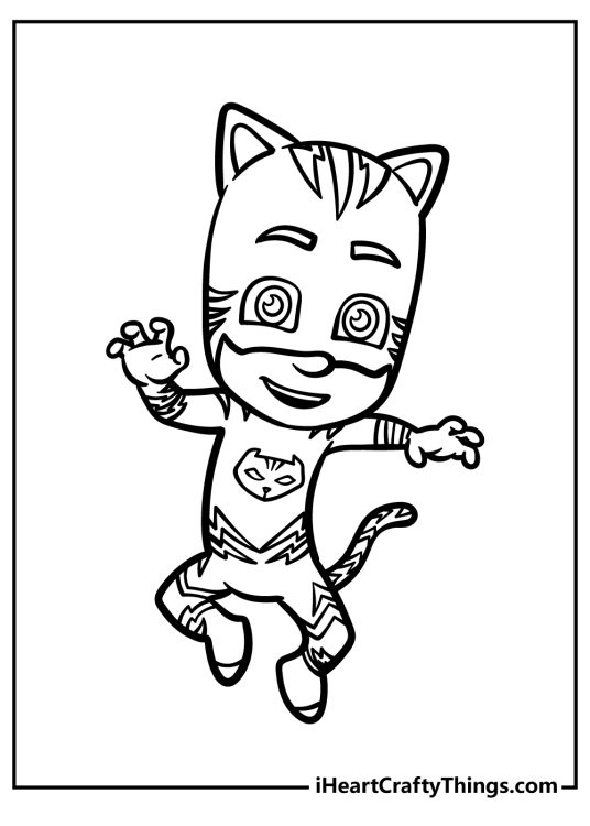 Free coloring image for children featuring Catboy from PJ Masks performing a jump