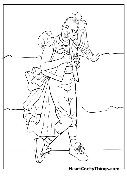 Printable pdf featuring singing Jojo Siwa wearing an outfit with some large frilly elements attached to it