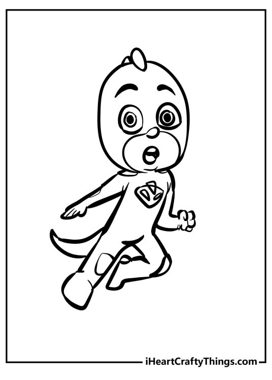 Coloring picture for children presenting PJ Masks character Gekko looking a bit shocked