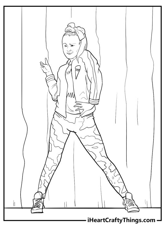 Coloring page of a Jojo Siwa wearing a jacket and patterned leggings showing some dancing moves