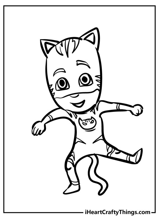 PJ Masks-themed coloring page for children capturing character Catboy dancing with joy
