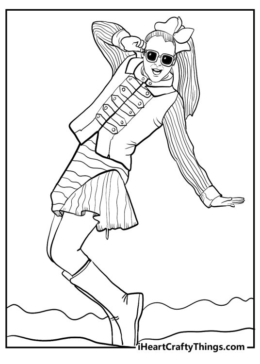 Jojo Siwa wearing sunglasses, jacket, skirt and boots striking a dramatic pose free coloring page