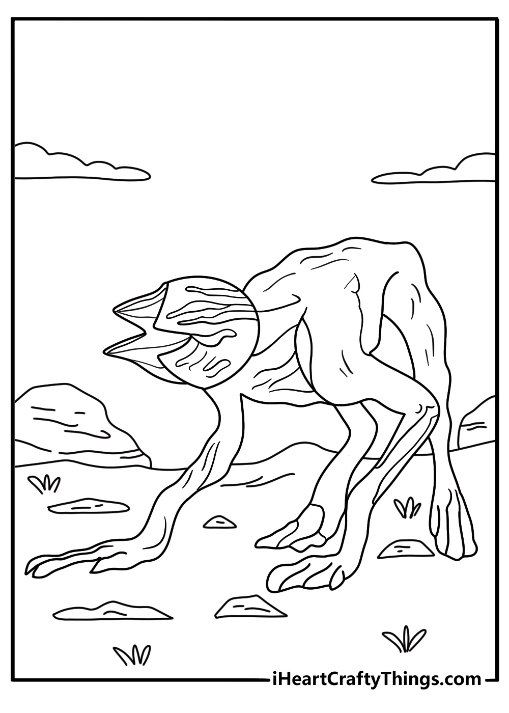 A Demodog crouching on a forest path ready to pounce detailed coloring page printable