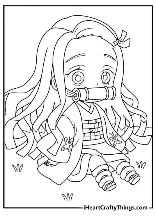 A butterfly lands on her sleeve in this cute Nezuko coloring sheet