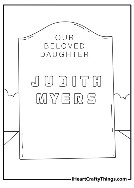 A carved tombstone marks Judith Myers in this detailed Halloween printable
